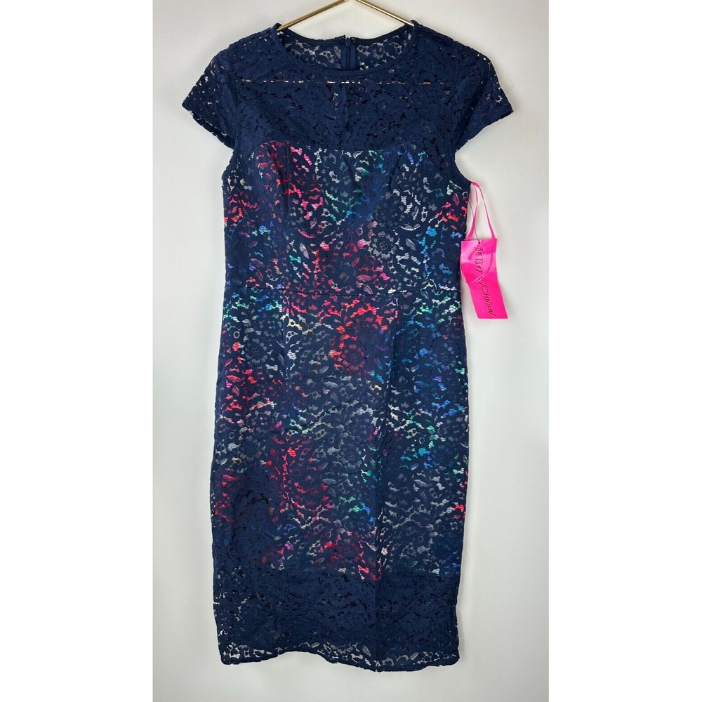 NEW Betsey Johnson Lace Overlay Floral Sheath Dress Navy Floral Size 8 Cocktail - Picture 2 of 15